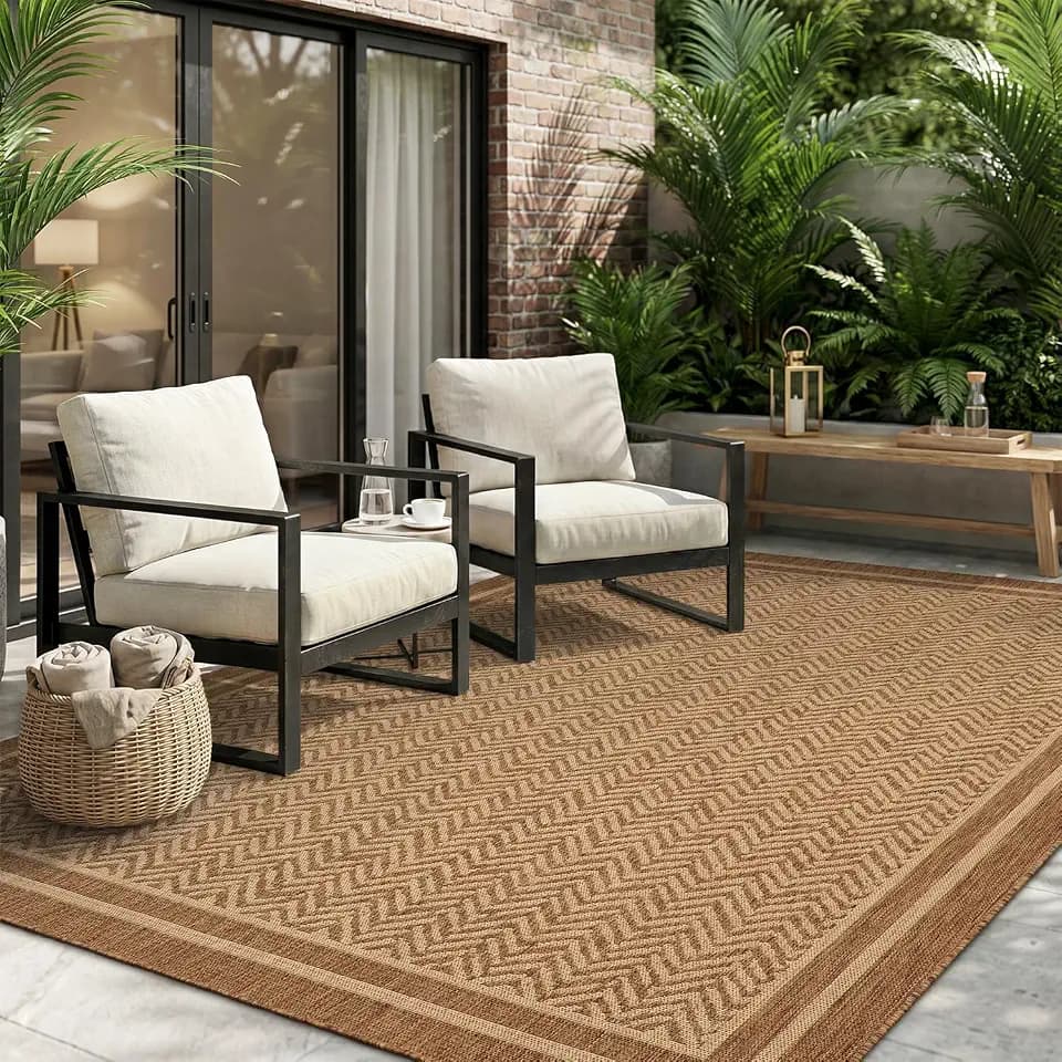 MontVoo-Outdoor Rug-Patio Rug 5x7 Polypropylene Indoor Outdoor Rugs Outdoor Carpet for Patio Deck Balcony Porch, Textured Weave, Durable for High Traffic, Fade-Resistant, Boho Farmhouse Neutral Brown