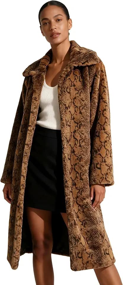 Amazhiyu Langer Kunstfellmantel für Damen, Winter-Revers, offene Vordertasche