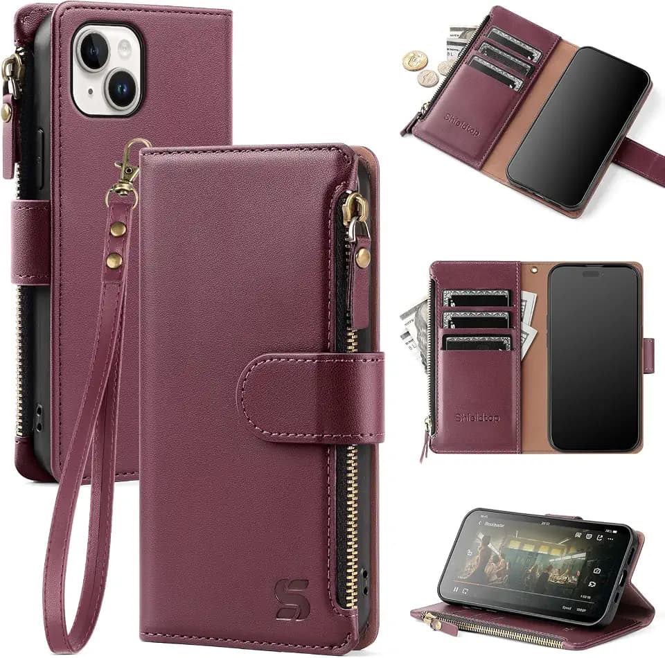 Shieldtop for iPhone 14 Wallet Case with Card Holder,Wine Red