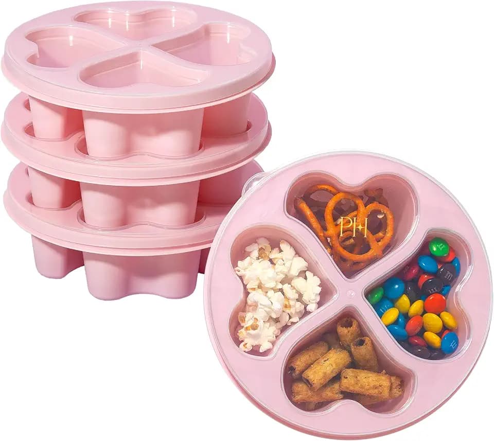 Paris Hilton Stackable Bento Snack Container Set, 4-Compartment Meal Prep Lunch Boxes with Press-Fit Lids, Microwave & Freezer Safe, 4-Pack, Pink