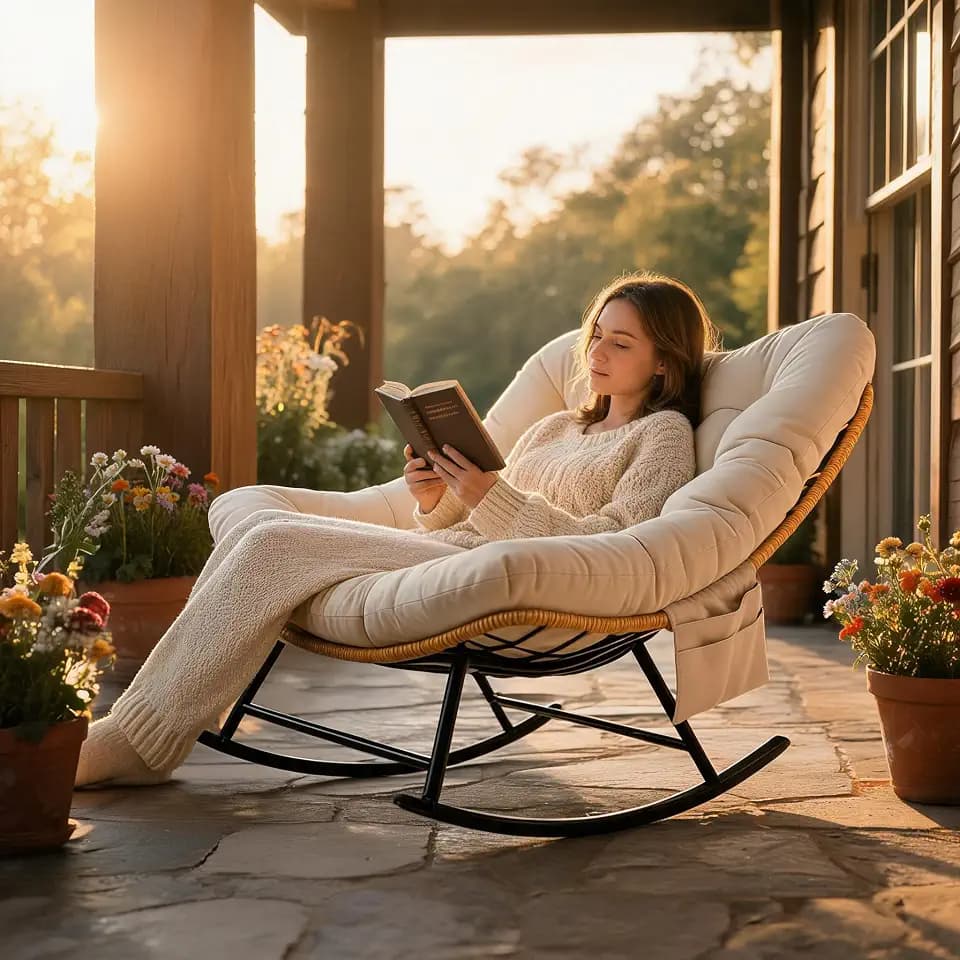 Takywep Wicker Rattan Rocking Chair with Arc Foot Base, Single Person Indoor Outdoor Patio Rocker with Loose Beige Cushion, Iron Frame Rustic Country Style, Yellow Rattan with Beige Cushion