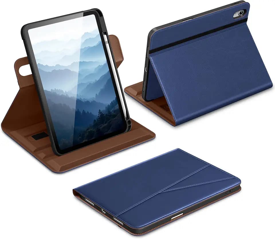 DTTO for iPad A16 Case, iPad 11th / 10th Generation Case (2025/2022), 360 Degree Rotating Premium Leather Folio Stand Cover with Pencil Holder, Navy Blue