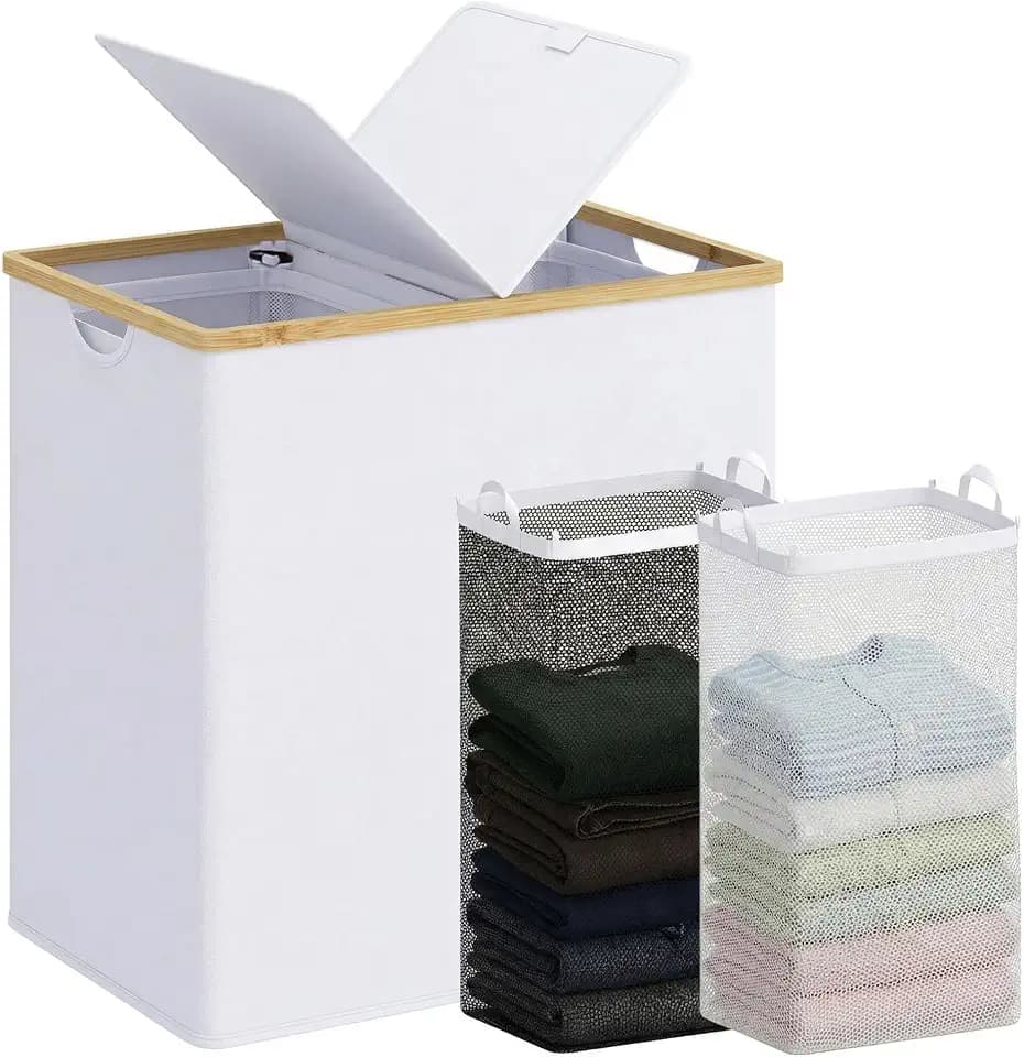 efluky Double Laundry Hamper with Lid and 2 Removable Bags, White