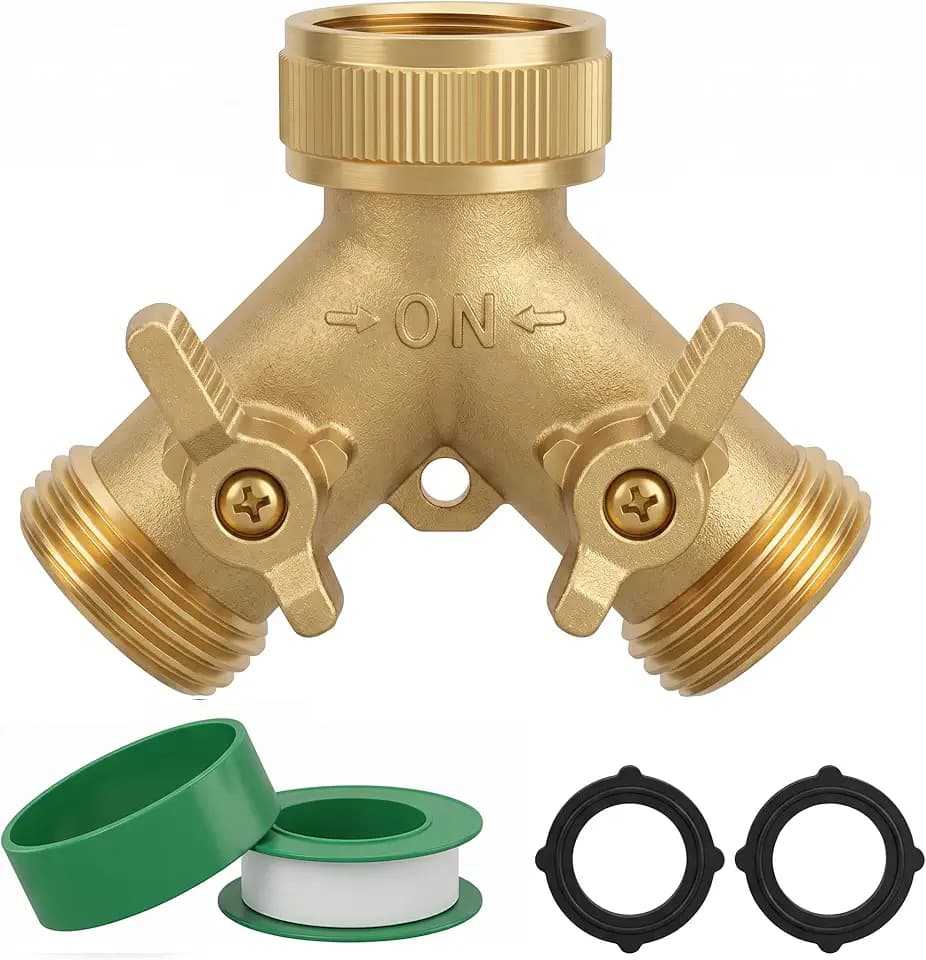 Hourleey Brass Garden Hose Splitter (2 Way), Solid Brass Hose Y Splitter 2 Valves with 2 Extra Rubber Washers (Brass)