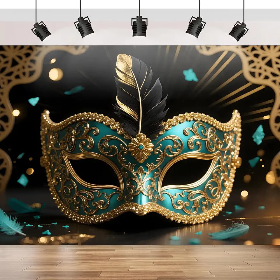 Masquerade Backdrop 7x5FT, Masquerade Background for Masquerade Party Decorations, Carnival Glitter Peacock Green Mask Photography Backgrounds Studio Prop (Lake Blue)