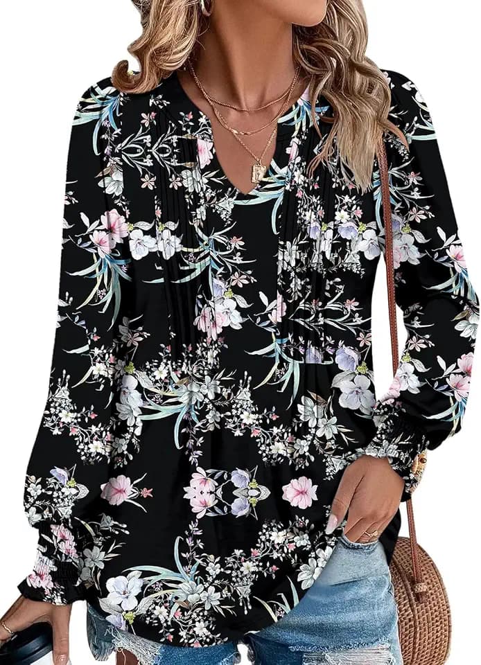 BETTE BOUTIK Long Sleeve Shirts for Women Fall Tops Dressy Blouses Pleated V Neck Tunic Tops for Leggings S-3XL