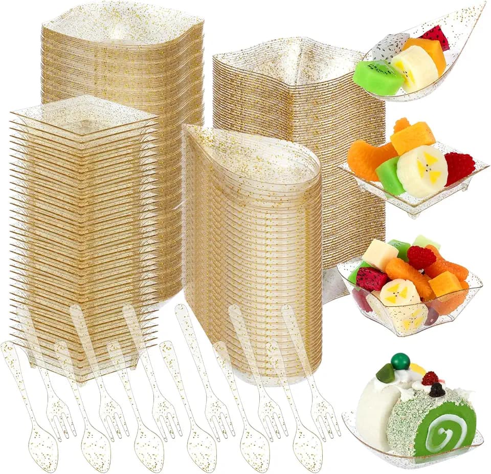 Tessco for you 800 Pcs Mini Appetizer Plates Glitter Style Clear, Gold