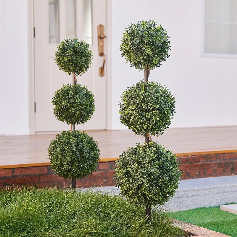 VeriNatural Artificial Plants Outdoor,3ft Artificial Triple Ball Boxwood Topiary Tree,Set of 2 UV Resistant Fake Potted Plants for Front Porch Decor,Faux Plant for Home,Garden, Balcony,Patio