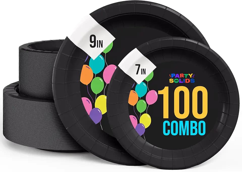Exquisite Black Paper Plates Disposable Heavy Duty 100 Pcs - 50-7 & 50-9 Black Disposable Plates for Party Heavy Duty Paper Plate 350 GSM Birthday Party Supplies Plate Set