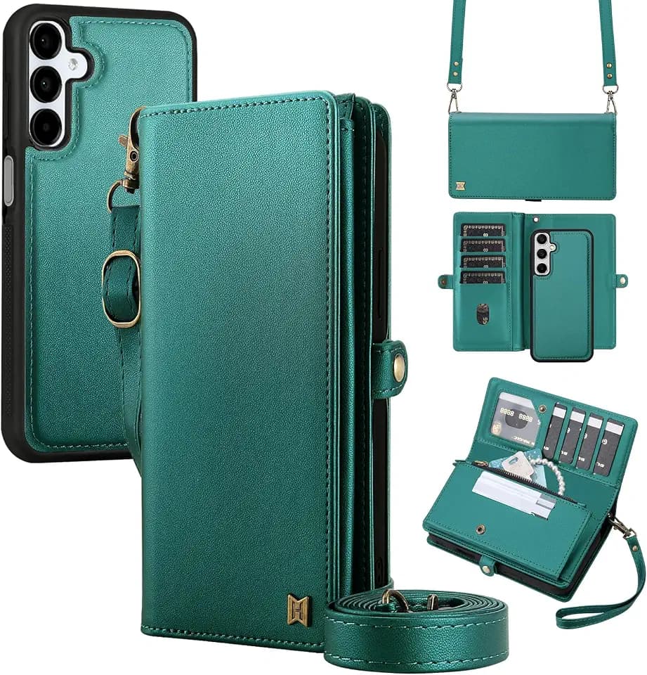 for Wallet Case Compatible with Samsumg Galaxy S24 Plus Multi-Function Detachable 2 in 1 Magnetic Phone Case Wallet,Flip Strap Zipper Card Holder Phone Case with Shoulder Straps (Green)
