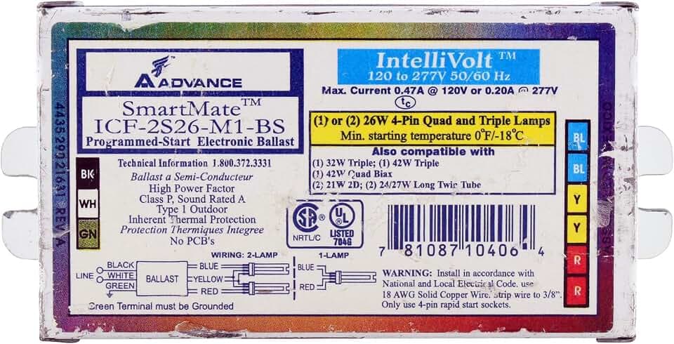 Advance ICF-2S26-M1-BS Compact Fluorescent Ballast, 2-Lamp, 26W, CFL 4-Pin Quad Triple, 120/277V