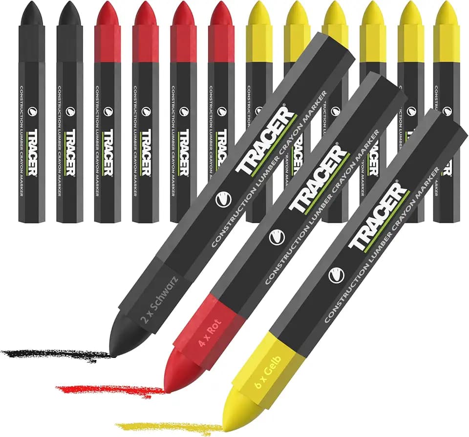 Tracer Fettstift Markierkreide – Forstkreide & Markierstift für Baustelle, 12 Stück Farbmix (6x Gelb, 4x Rot, 2x Schwarz