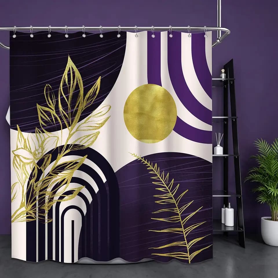 Dark Purple and Gold Shower Curtain, 72x72 in, Mid Century Modern Plum