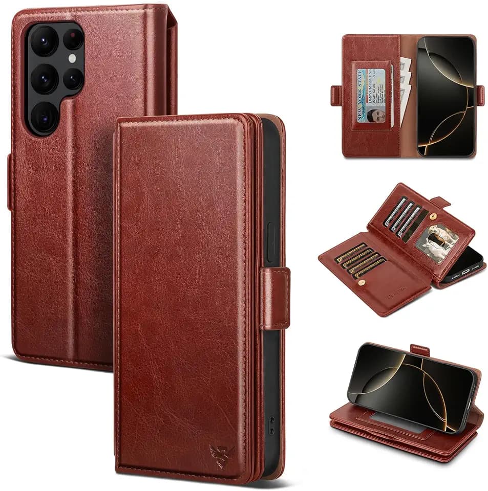 Compatible with Samsung Galaxy S22 Ultra Case Wallet with Card Holder Women Men,RFID Blocking PU Leather Phone Case Flip Shockproof Protector Cover Credit Card Slot Kickstand,Brown