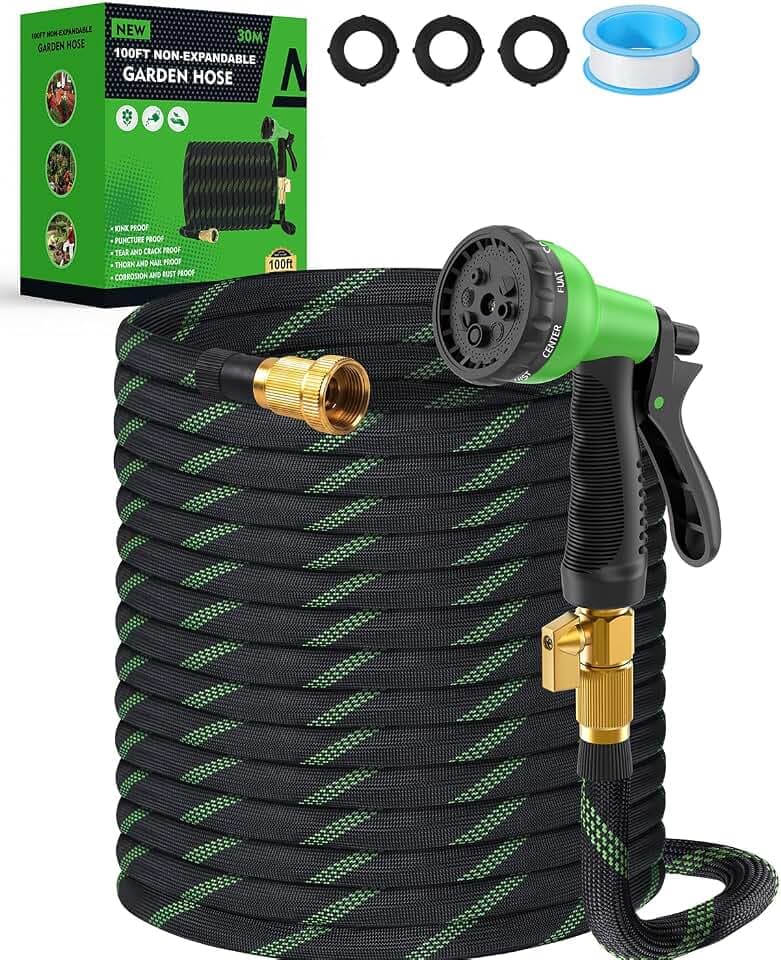 100ft Garden Hose，Non-Expandable Water Hose with 8 Function Spray Nozzle, Burst-Resistant，Kink-Free，Lightweight，Durable & Flexible 3/4" Garden Hose for Gardening, Yard，Lawn, Car Washing