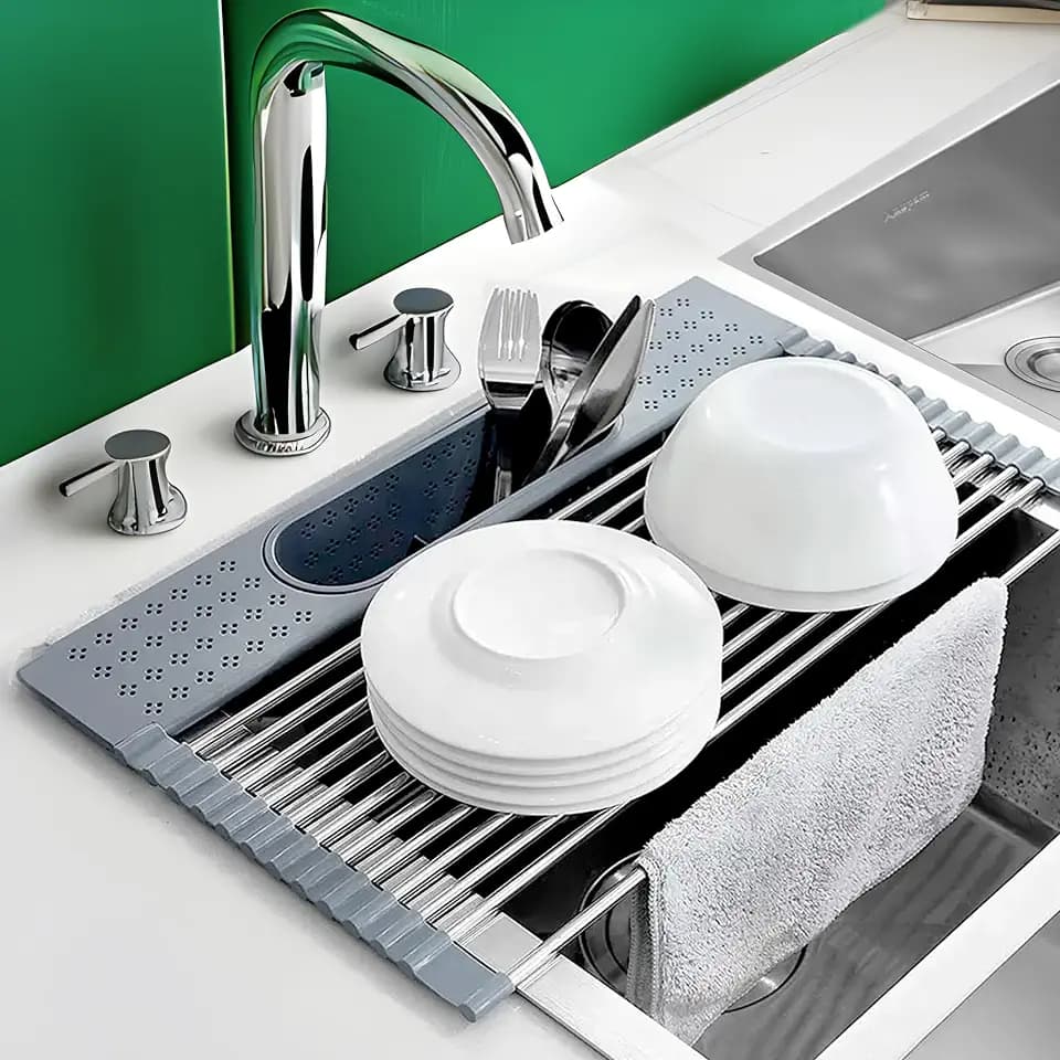 Maxter Klappbares Edelstahl-Abtropfgestell Geschirr 44 x 39 cm (GROßES) Geschirrabtropfgestell und Besteckabtropfer für die Spüle mit aufrollbarem Gitter