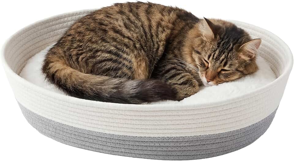 Kitty City Woven Cat Bed with Removable Washable Cushion, Cozy Braided Rope Indoor Cat Bed with Natural Catnip, Warm Round Cat Bed for Small to Medium Cats, 14” x 19" - White/Grey