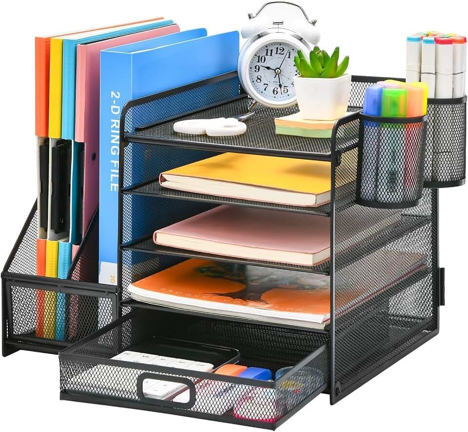 Marbrasse Schreibtisch Organizer mit Aktenhalter, 5 Ebenen Papier Briefablage mit Schublade und 2 Stiftehalter,Schreibtisch Netz Ablagefächer Organizer mit für Büro Bedarf (Schwarz mit Schublade)