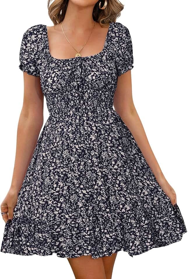 Livonmone Damen Kleid Lässig Sommerkleid Blumendruck Hohe Taille Kleider Puff Ärmel Retro Sexy Casual Tunika Beach Minikleid