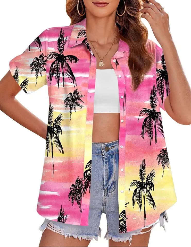 tiorhooe Hawaii-Hemden für Damen, tropischer Baum, kurzärmelig, Knopfleiste, Sommer, Strand, Urlaub, Bluse