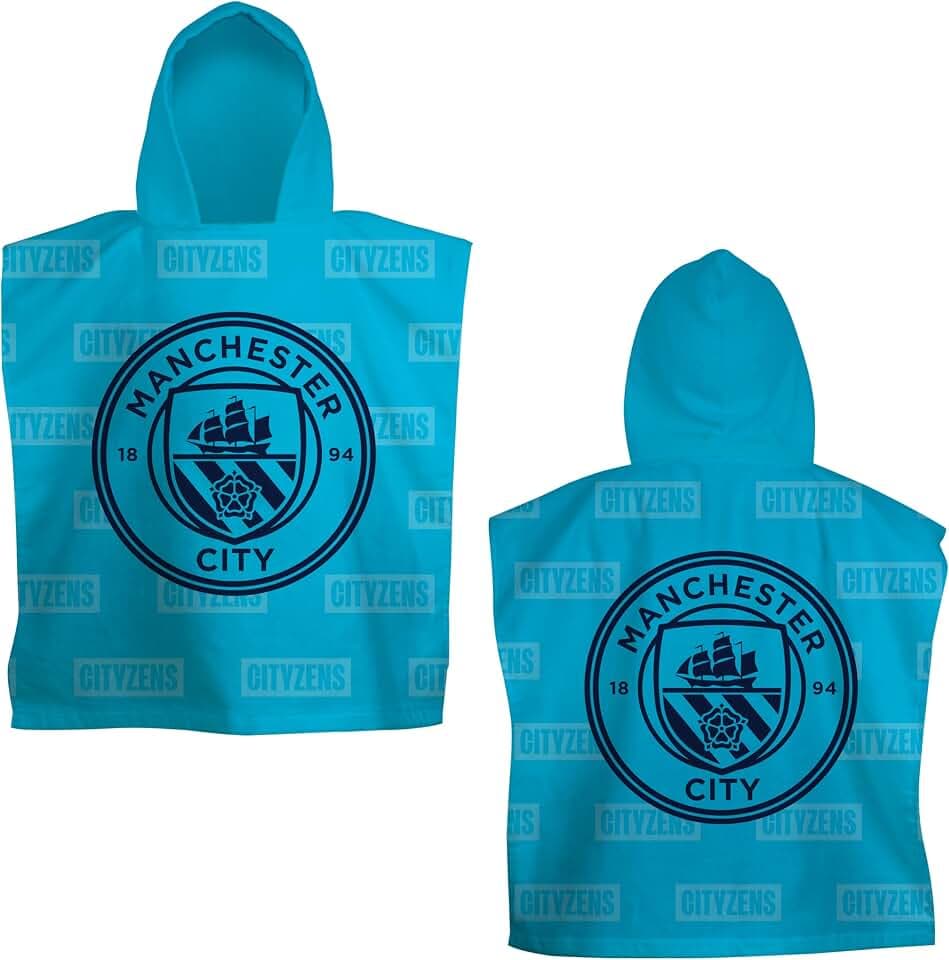 Manchester City FC Kapuzenhandtuch-Poncho, offizielles Lizenzprodukt, super weiches Gefühl, Stiefel-Design, Bademantel, perfekt für Zuhause, Bad und Strand, 55 x 50 cm
