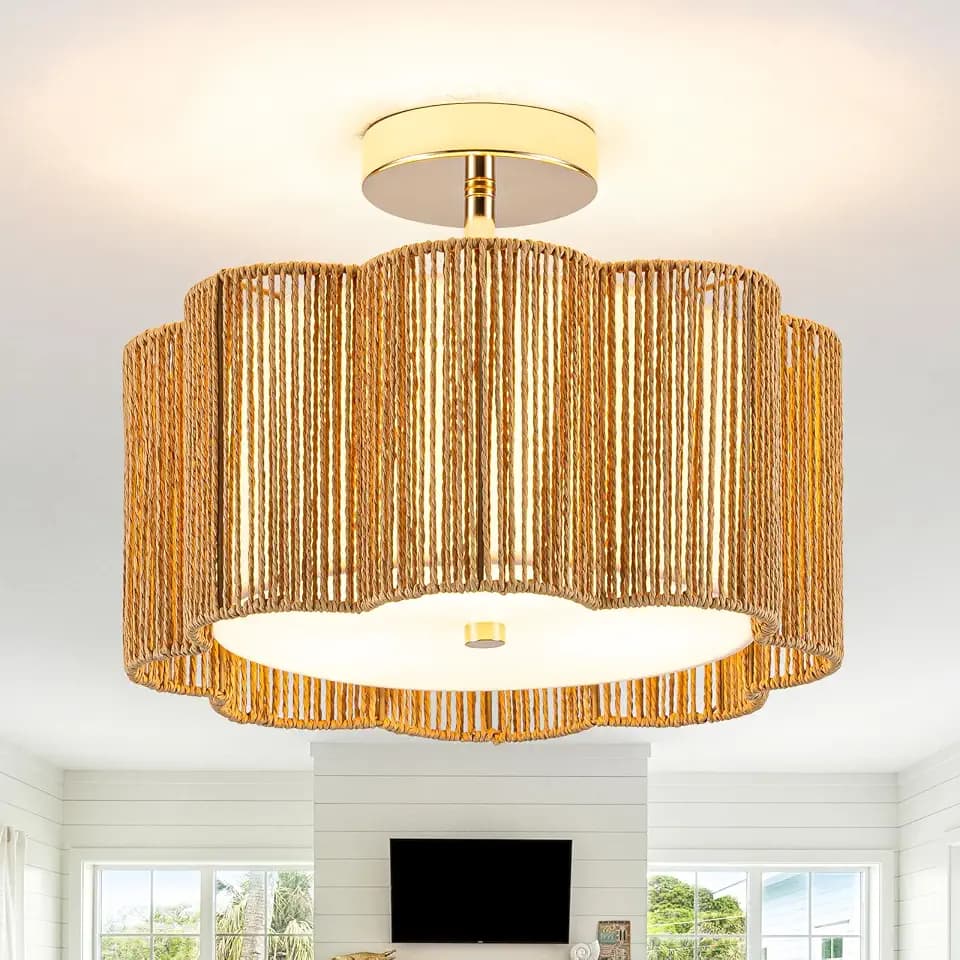 Golden Blossom Boho 3-Light - 14" Handwoven Rattan Flush Mount for Bedroom | Nursery, Eco-Friendly Gold Woven Ceiling Light, Small Gold Lighting, Boho Rattan Light