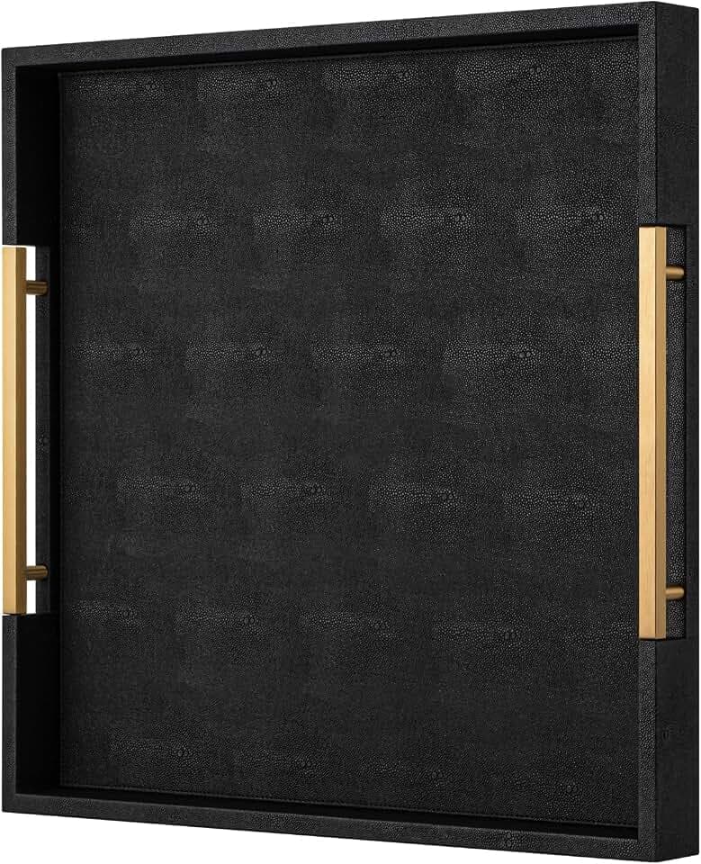 Black Faux Leather Decorative Serving Tray with Handles – Large Square for Coffee Table, Ottoman, Living Room & Bathroom Home Decor