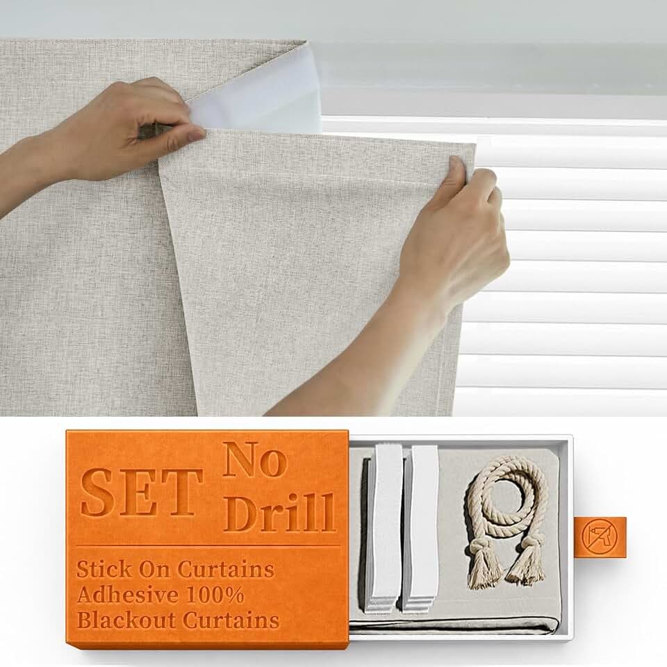 100% Blackout Self Adhesive Portable Curtains for Bedroom Easy to Install Window Thermal Lnsulated Kitchen Room Darkening Small Window Curtains, W35 x L80 inch, 1 Panel, Light Beige