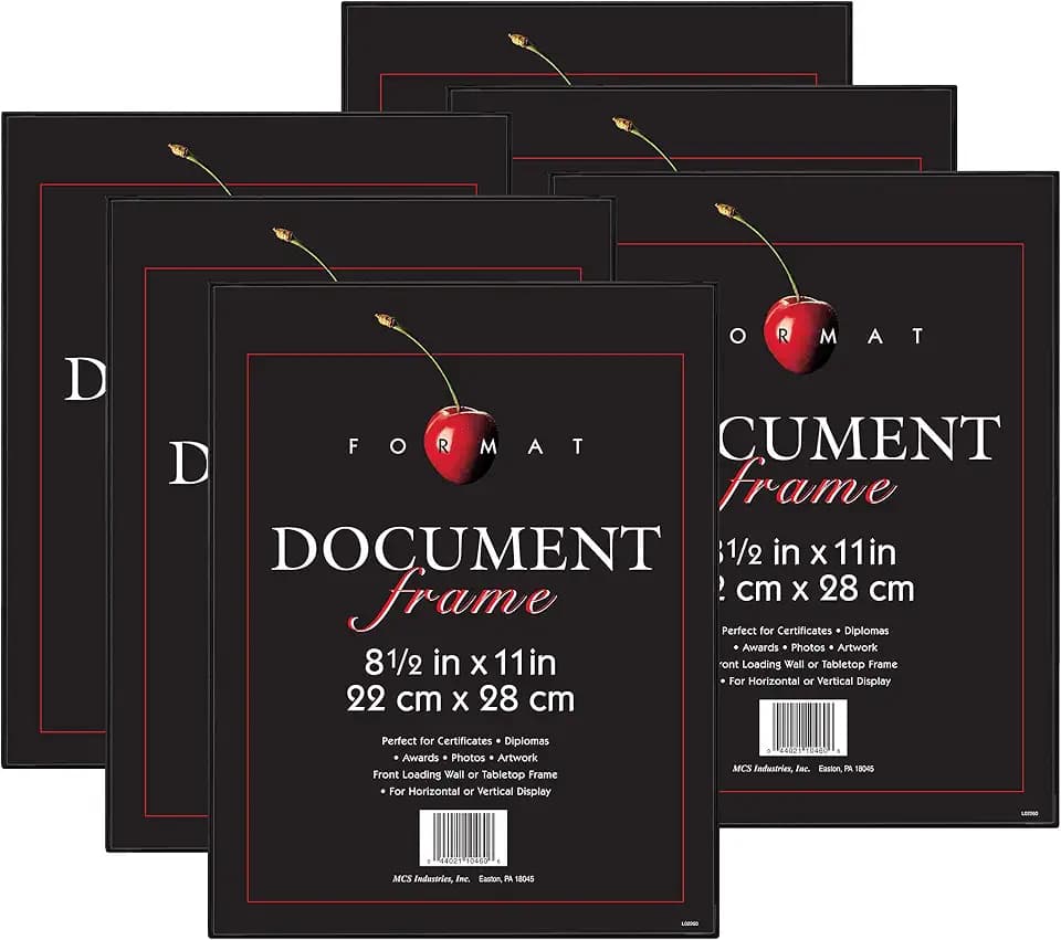 MCS Format Diploma Frame, 8.5x11, Black, Tabletop Easel, 6-Pack