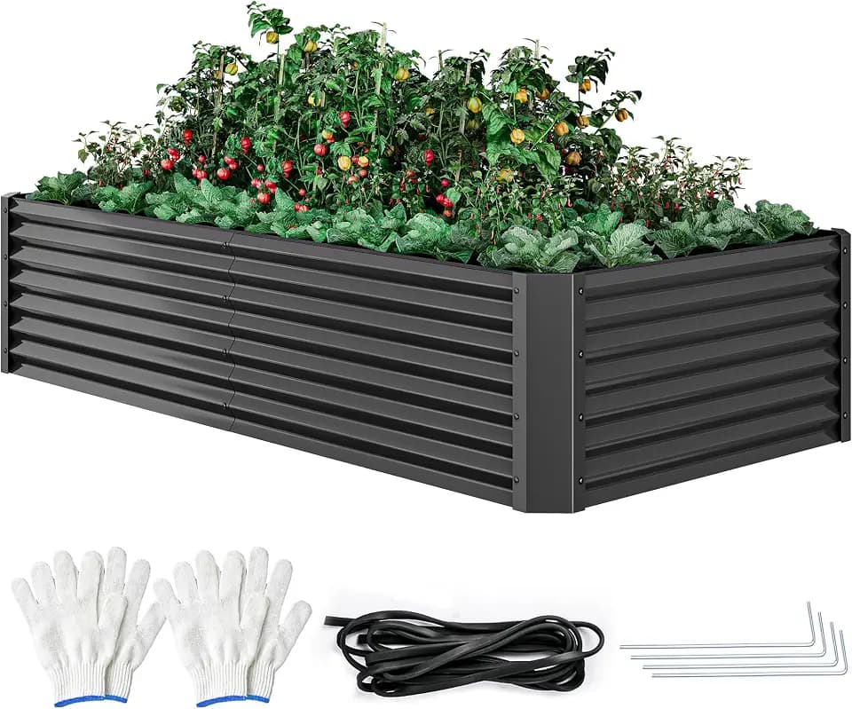 DWVO 8 x 4 x 1.5 FT Raised Garden Bed Kit, Outdoor Galvanized Flower Bed with Safety Rubber and Gloves, Large Metal Planter Box for Vegetables, Flowers, Herbs, Fruits, Black