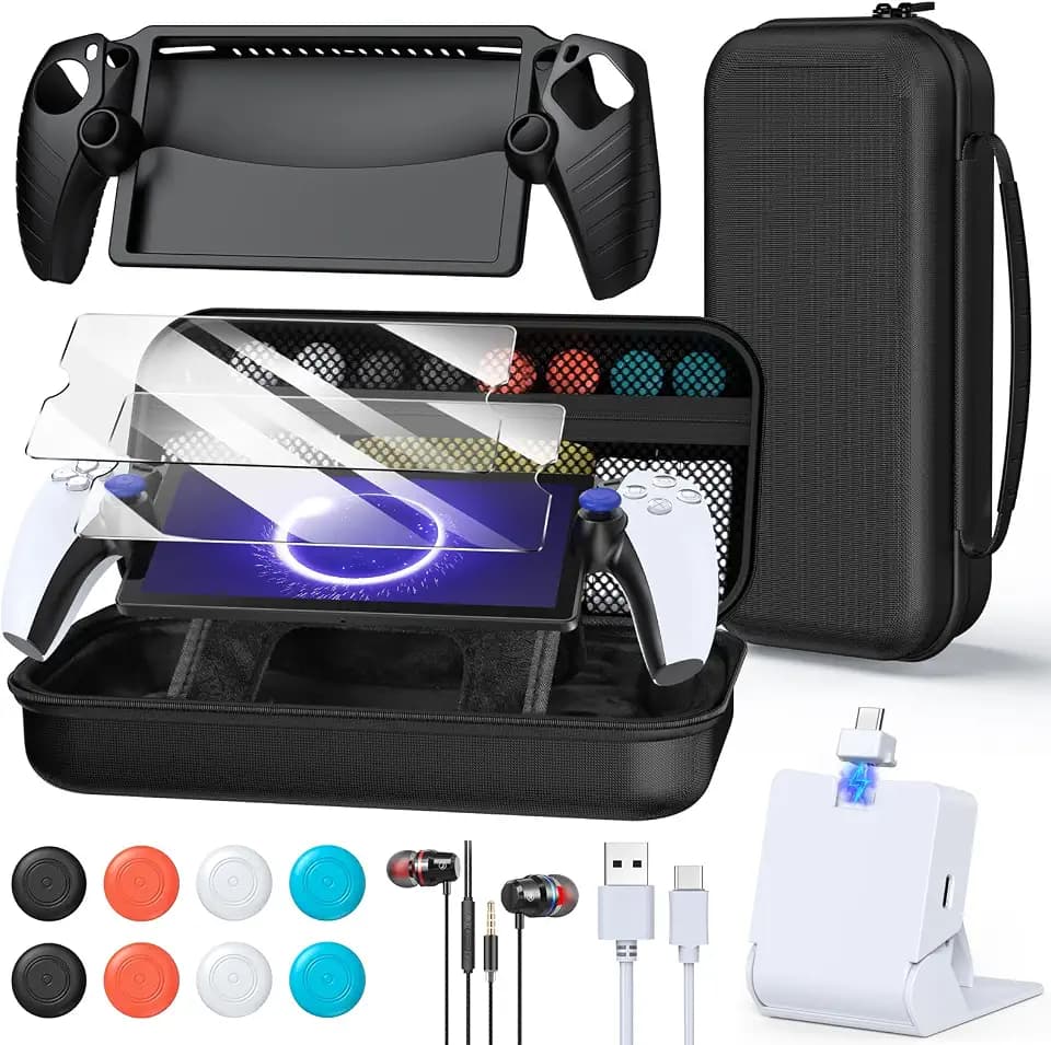 FYOUNG Accessories Kit for PlayStation Portal, Carrying Case Bundle and Magnetic Portable Charger for PS5 Portal with Protective Case, 2 Screen Protectors, Wired Headphone, 8 Thumb Grips (Black)