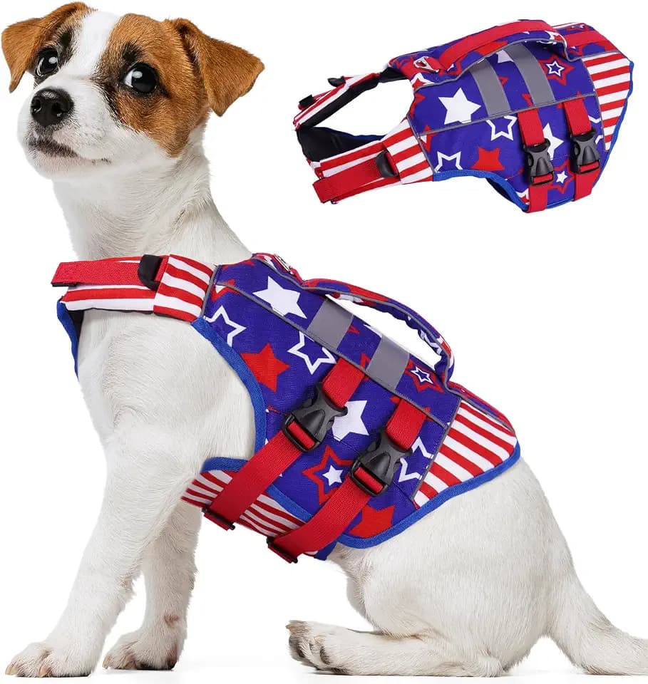 Kuoser Small Dog Life Jacket, High Flotation Dog Life Vest for Swimming Boating, Reflective Dog Swimming Vest Pet Life Preserver with Rescue Handle, Flag XS