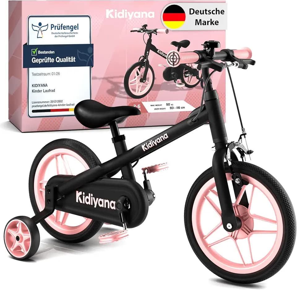3-in-1 Kinderfahrrad ab 2 Jahren mit abnehmbaren Pedalen & Stützrädern – Laufrad 12 Zoll mit Handbremse, Klingel, höhenverstellbarem Sattel & Lenker, Balance Bike mit Aluminiumrahmen