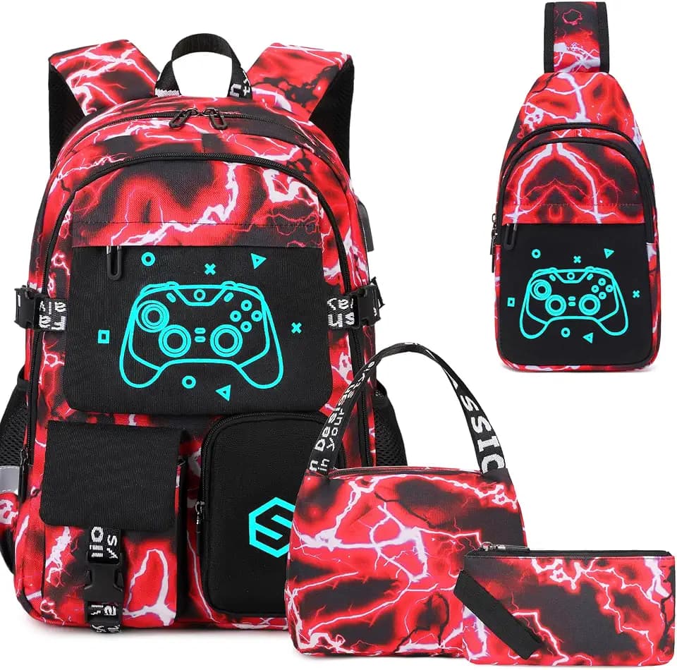 Scothen 4PCS Cool Luminous Backpack for Boys with Sling Bag & Lunch Bag