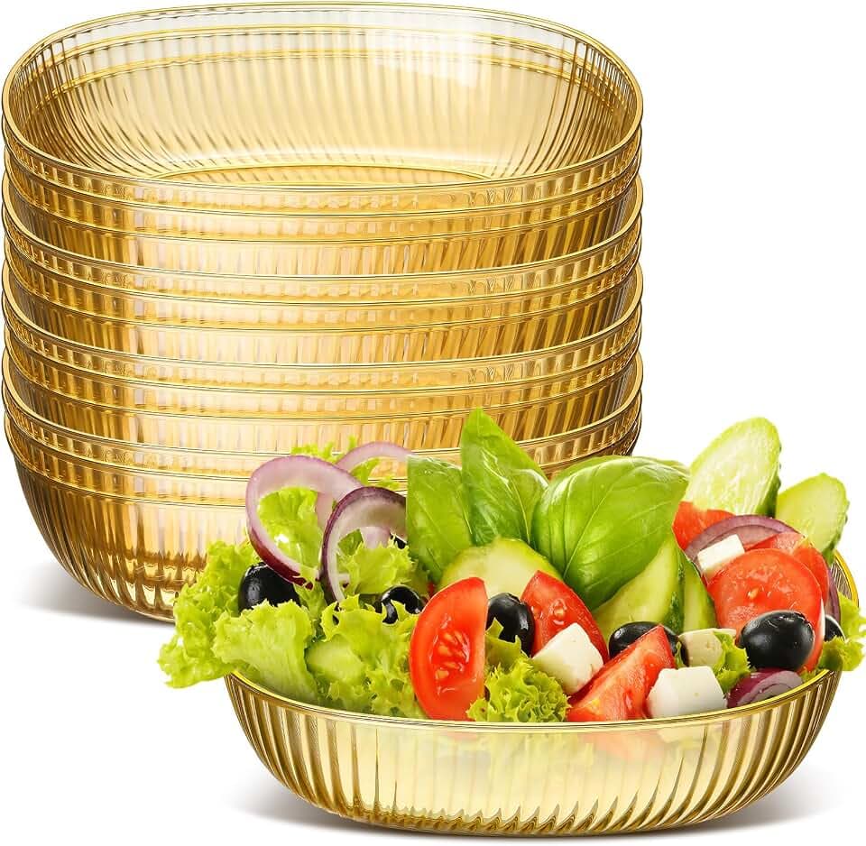 Nuogo 12 Pack Gold Serving Bowls Clear Disposable Plastic Bowl Large,64 oz