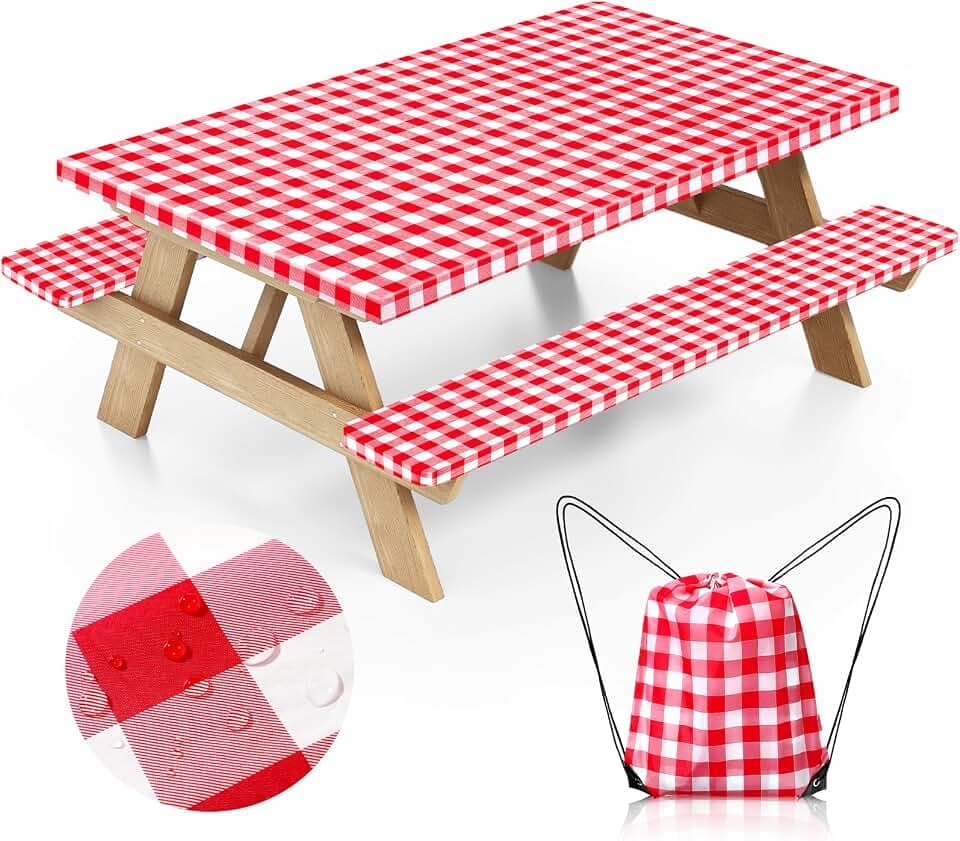 Picnic Table Cover with Bench Covers and Bag, Camping Table Camping Essentials Cover with Elastic Edges (Red)