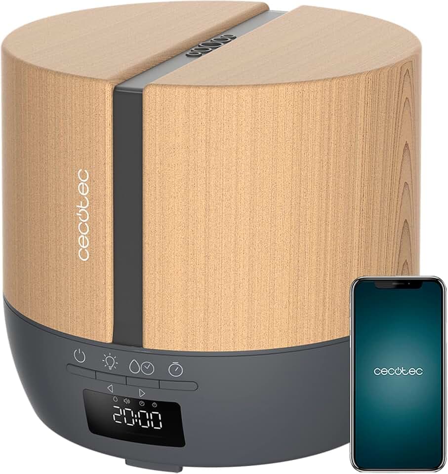 Cecotec PureAroma 550 Connected Grey Woody Aromadiffusor. 500 ml Fassungsvermögen, LED-Anzeige, Lautsprecher, Bluetooth-Steuerung, App, 12-Stunden-Timer, 3 Betriebsmodi, 30 m2 Reichweite, V1705252