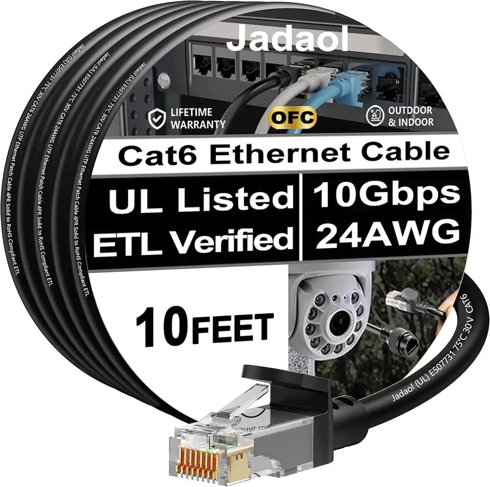 Jadaol [UL Listed] Snagless Cat6 Ethernet Cable 10 ft 10Gbps, PoE++, Black