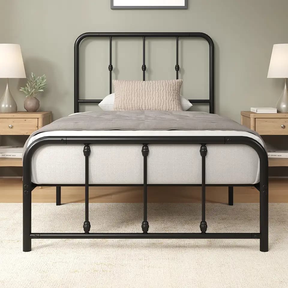 Zinus Florence Bettgestell 90 x 200 cm mit Vintage Kopfteil - Metallbett mit Metall-Lattenrost - 35 cm Hohe Plattform mit Freiraum Darunter - Kein Boxspringbett Erforderlich - Schwarz