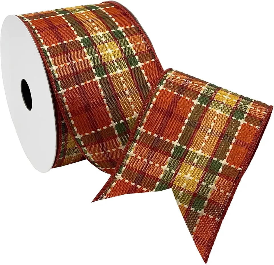 Morex Ribbon Wired Linen Harvest Plaid Ribbon, 2.5 inch by 10 Yards, Orange, 7794.60/10-720