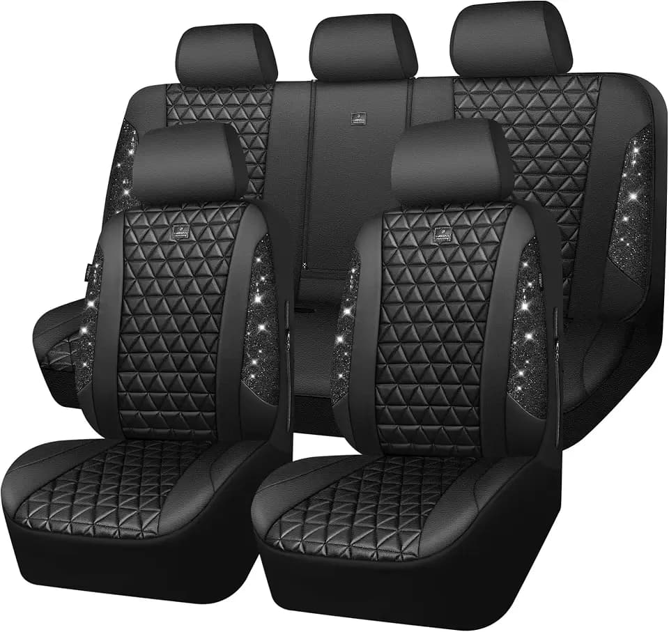 CAR PASS Bling Diamond Black Leather Car Seat Covers Full Sets Interior Sets, Waterproof Shining Glitter Sparkly Crystal Universal Armrest Fit Automotive Truck SUV Cute Women Girl, Black PU Rhinestone