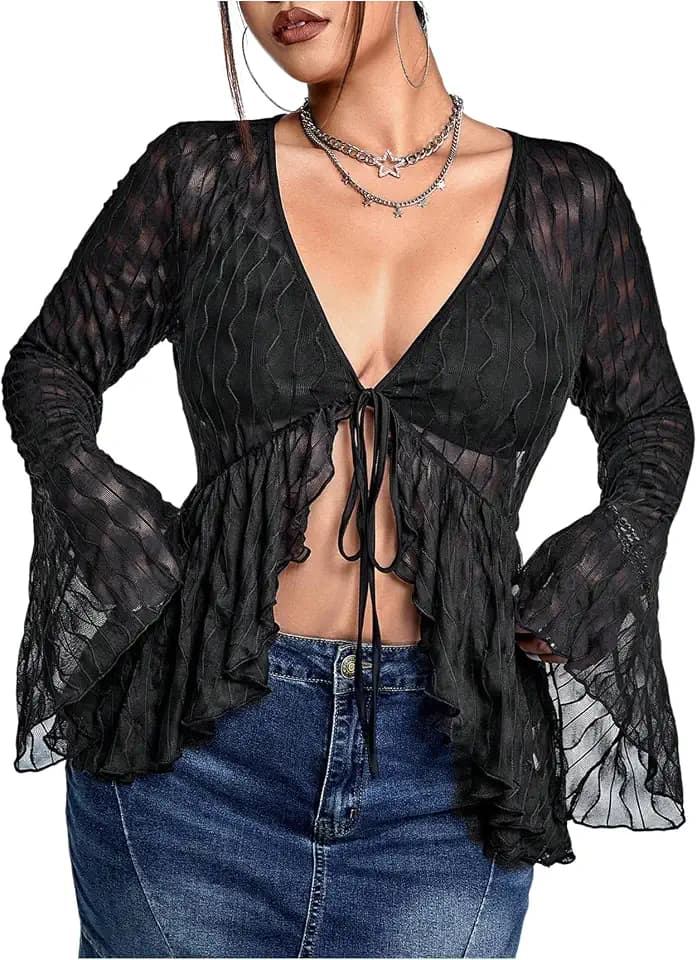 WDIRARA Women's Plus Size Sheer Mesh Tops Bell Long Sleeve Tee Shirts