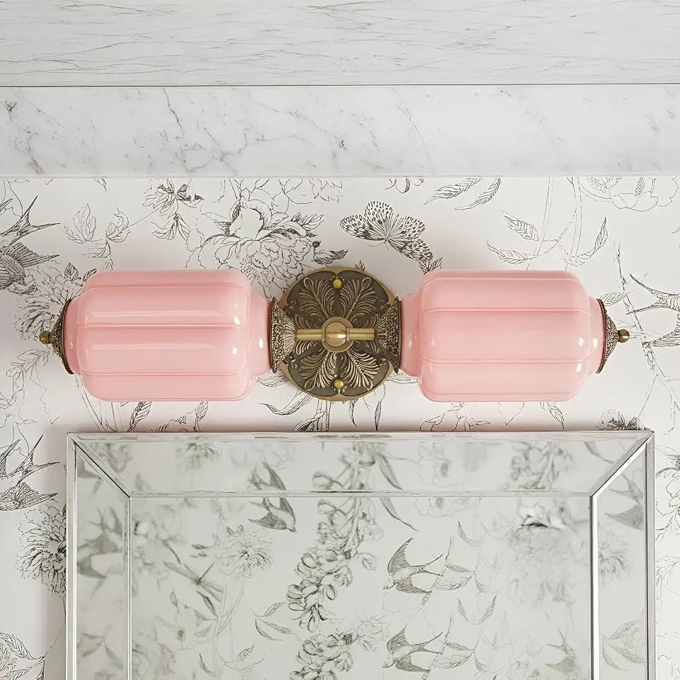 Vintage Vanity Light - 2-Light Wall Sconce with Brass Finish Base & Green Glass Shade - Wall Sconce Lighting for Mirror, Kitchen, Living Room, Gallery (Bulbs Included) (Pink)