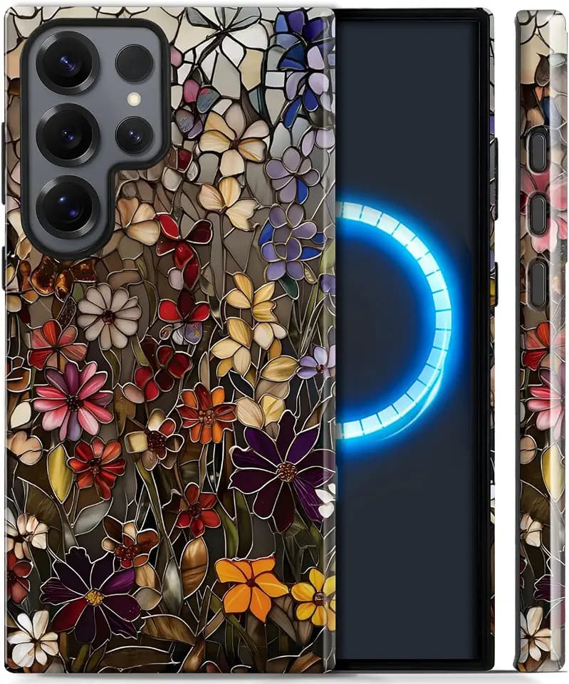 Case for Samsung Galaxy S22 Ultra Magnetic Case [Compatible with MagSafe],Double-Layer Soft TPU and Hard PC Shockproof Scratch-Resistant, Suitable for Men, Women -Floral Stained Glass