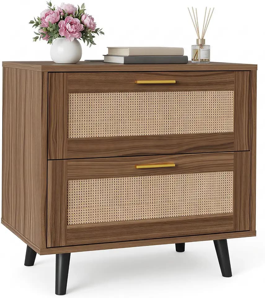Garvee Rattan Nightstand with Charging Station, Boho Bedside Table