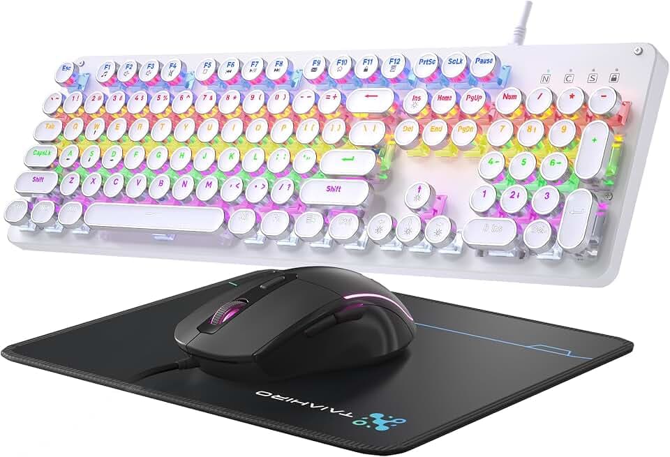 Typewriter Mechanical Gaming Keyboard and Mouse, 104-Key Full Size Retro Keyboards Metal Panel Punk Round Keycap Clicky Blue Switch with RGB Backlit Mouse and Pad Combo for PC Laptop Mac Gamer, White