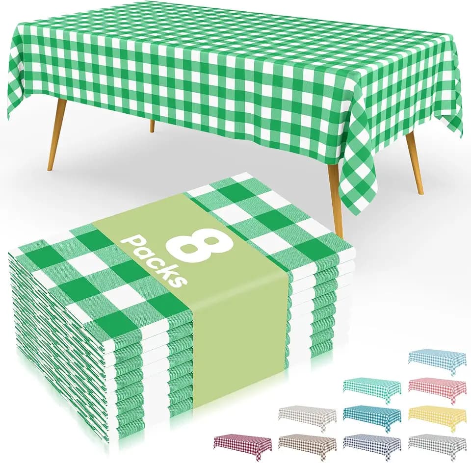 Smiry 8 Packs Gingham Disposable Table Cloth, 54 x 108 Inch Waterproof Plastic Tablecloth, Rectangle Green and White Checkered Table Covers for Party, Birthday, Picnic, Banquet