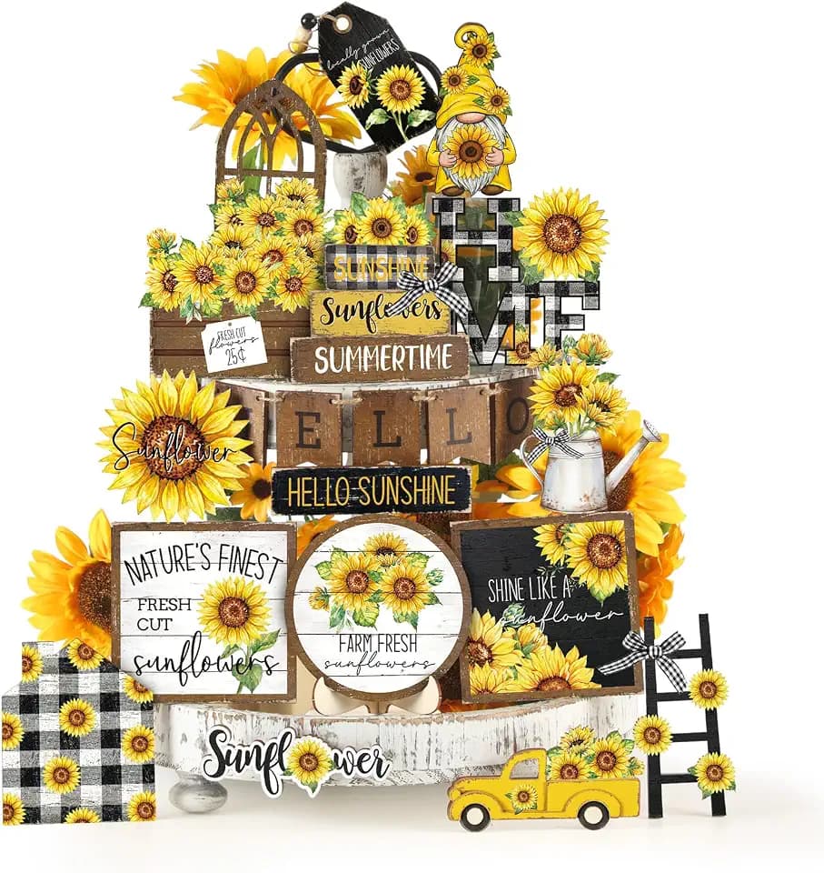 23 Pcs Sunflower Tiered Tray Decor Set Farmhouse Summer Decor