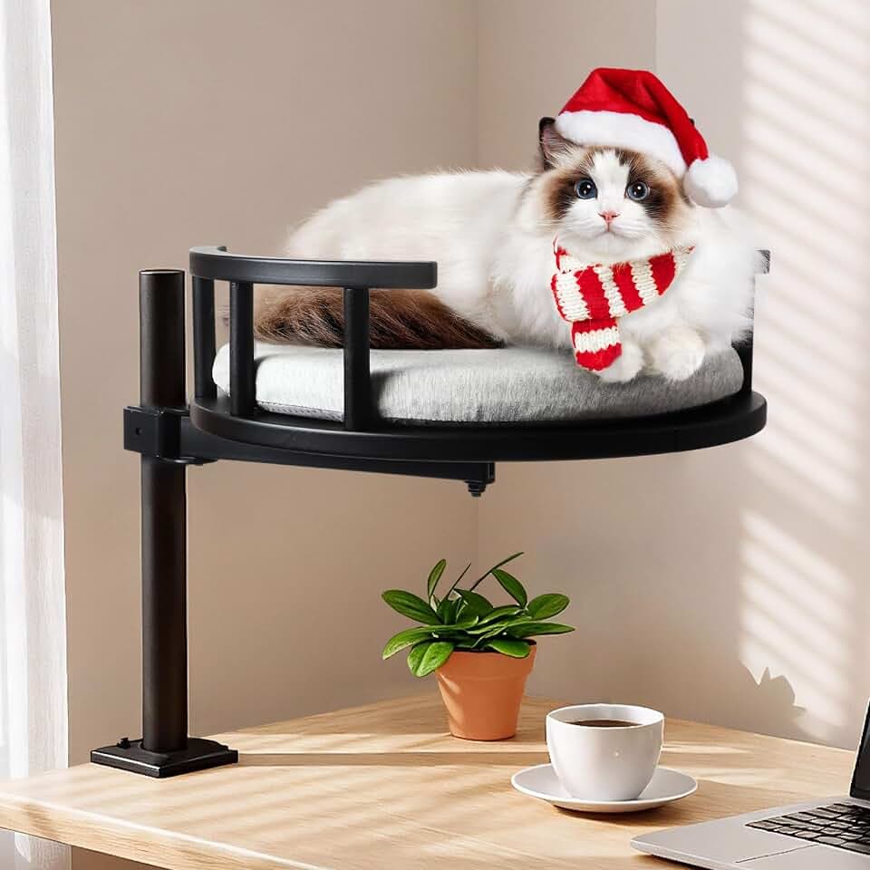 Cat Bed for Desk,14.9" Desk Cat Hammock with Clamp,Wooden Desktop Pet Perch, Elevated Cat's Nest Mounted on Table for Office & Computer Setup,360°Rotating Perch，Mat Machine Washable,Black