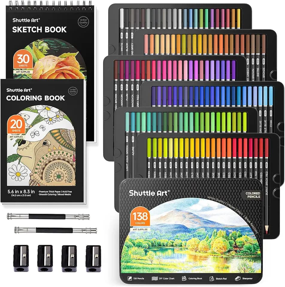 Shuttle Art 138 Buntstifte Set mit Malbuch, Spitzer, Verlängerer, Eisenbox